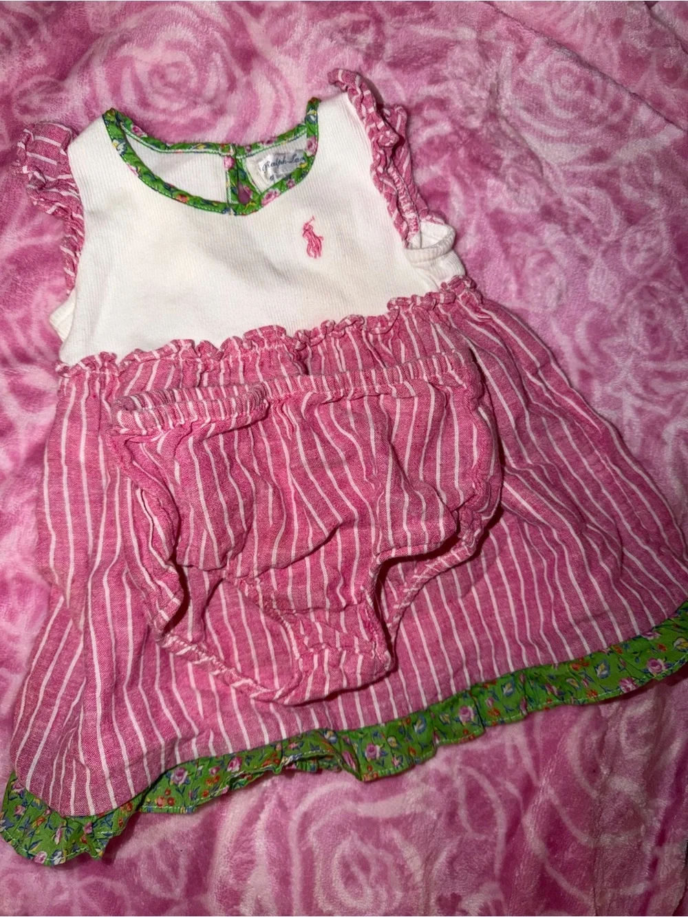 Ralph Lauren Pink & White Striped Baby Dress with Green Trim 6 month
